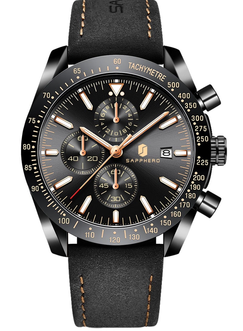 Sapphero Mens Watch Waterproof Chronograph Date Watch for Men Leather Strap Quartz Movement Analog Watch Business Casual Gift for Men - Image 2
