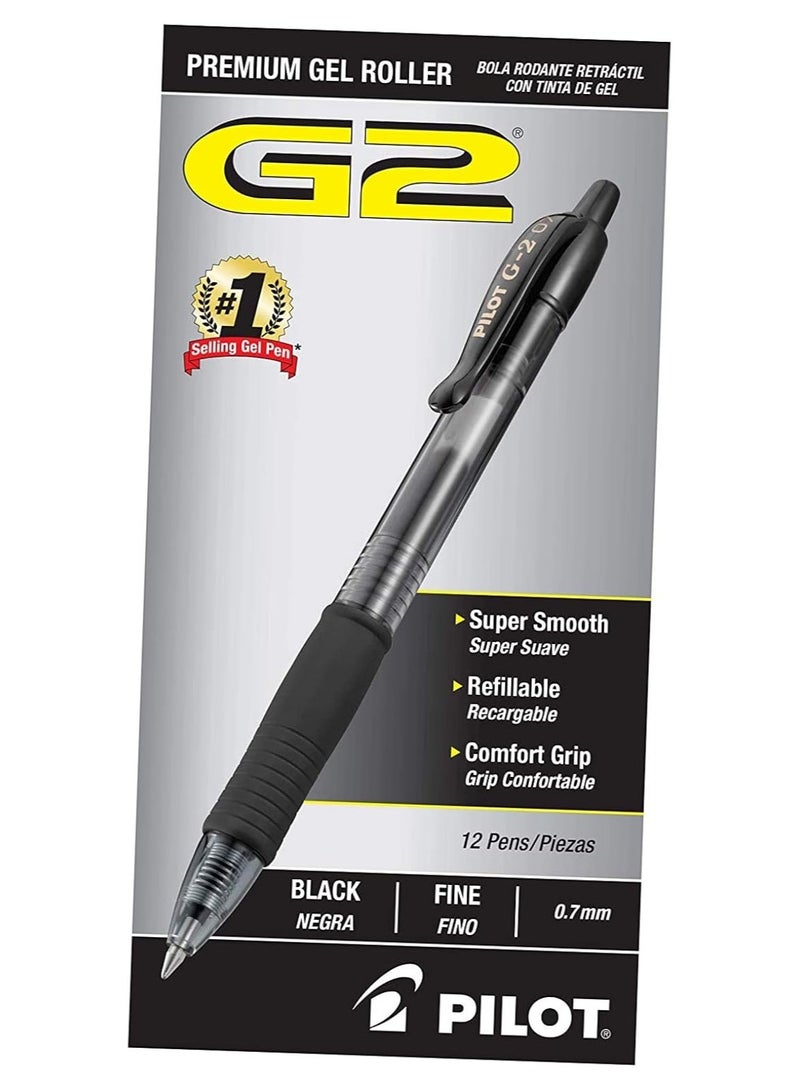 بايلوت أقلام جل فاخرة من بايلوت G2 ذات نقطة دقيقة 0.7 مم أسود عبوة من 12 قلمًا