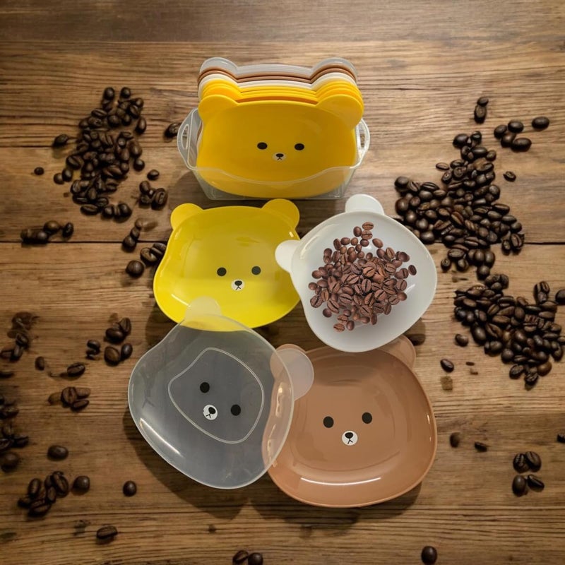 TOMATUS Cute Bear Pattern Snack Plate Set Easy to Clean Stackable Dish Set Round Edges Multipurpose Plastic Space Saving Fruit Dish Pack of 5 Yellow - Image 4