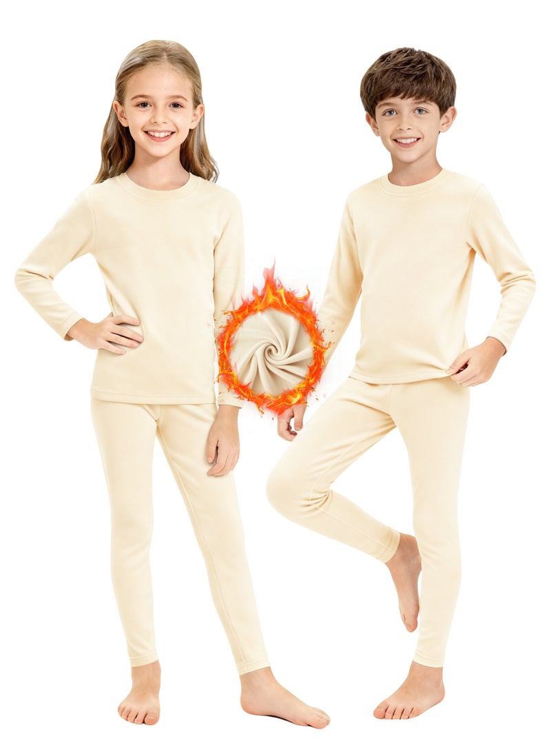 اكسيموس مجموعة ملابس داخلية حرارية للأطفال، طقم علوي وسفلي حراري طويل، ملابس نوم شتوية دافئة للأطفال، طبقة أساسية حرارية من الصوف، ملابس نوم طويلة، ملابس داخلية حرارية للأولاد والبنات من سن 3 إلى 16 عامًا (أبيض فاتح) - Image 1