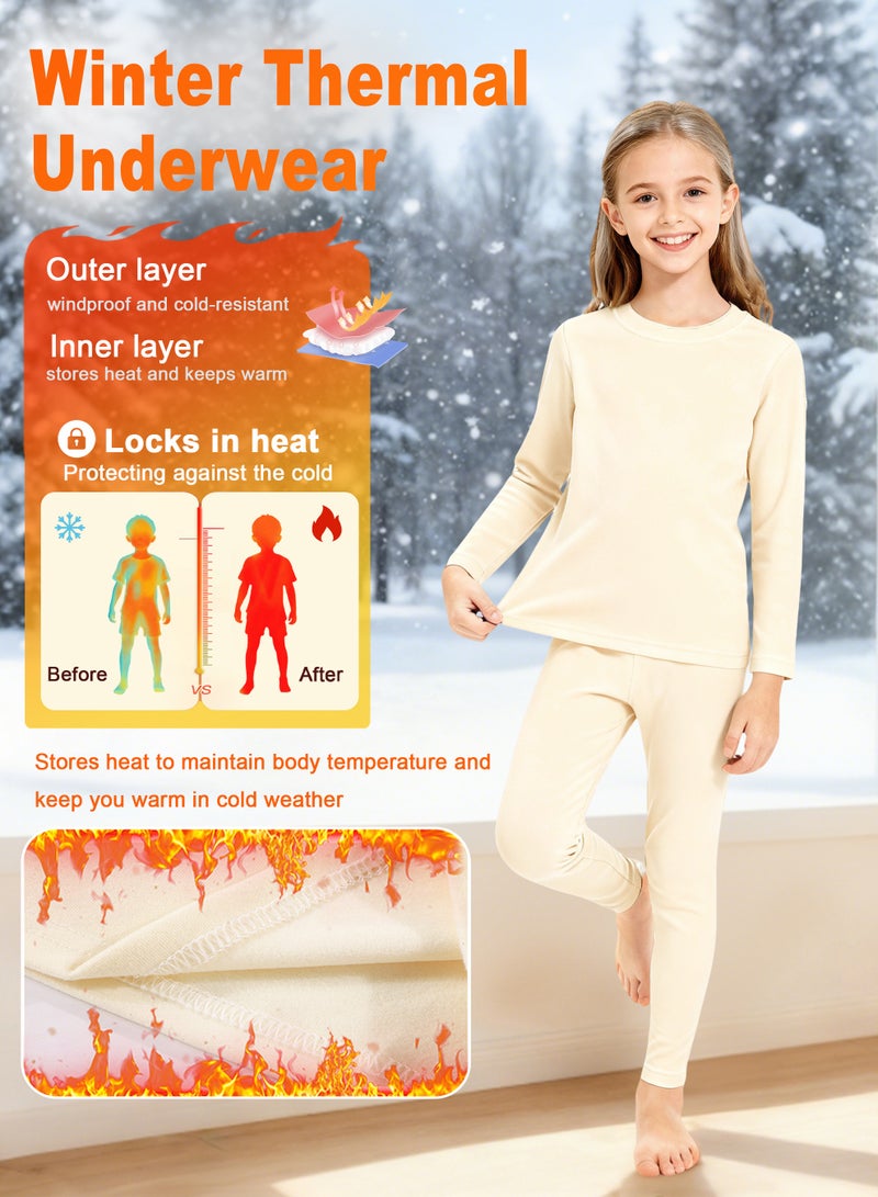 اكسيموس مجموعة ملابس داخلية حرارية للأطفال، طقم علوي وسفلي حراري طويل، ملابس نوم شتوية دافئة للأطفال، طبقة أساسية حرارية من الصوف، ملابس نوم طويلة، ملابس داخلية حرارية للأولاد والبنات من سن 3 إلى 16 عامًا (أبيض فاتح) - Image 2