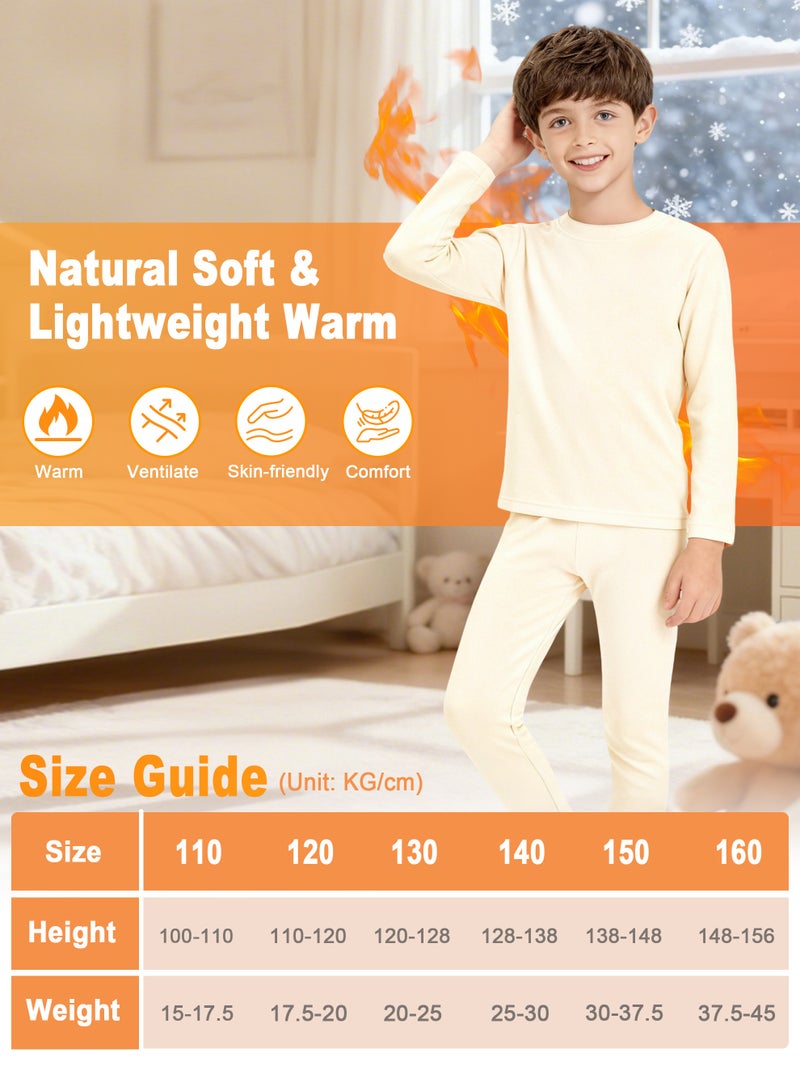 اكسيموس مجموعة ملابس داخلية حرارية للأطفال، طقم علوي وسفلي حراري طويل، ملابس نوم شتوية دافئة للأطفال، طبقة أساسية حرارية من الصوف، ملابس نوم طويلة، ملابس داخلية حرارية للأولاد والبنات من سن 3 إلى 16 عامًا (أبيض فاتح) - Image 4