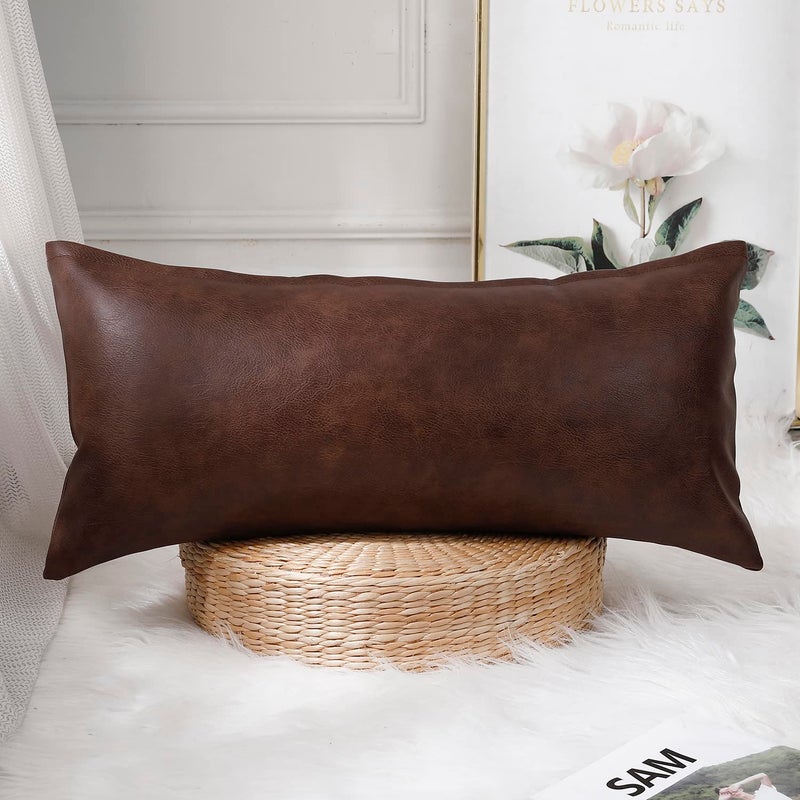 PANOD Decorative Lumbar Throw Pillow Covers 12 x 24Premium Faux Leather Long Pillow Covers Cushion Case for Farmhouse Sofa Couch Bed LivingroomModern BohoVegan Dark Brown
