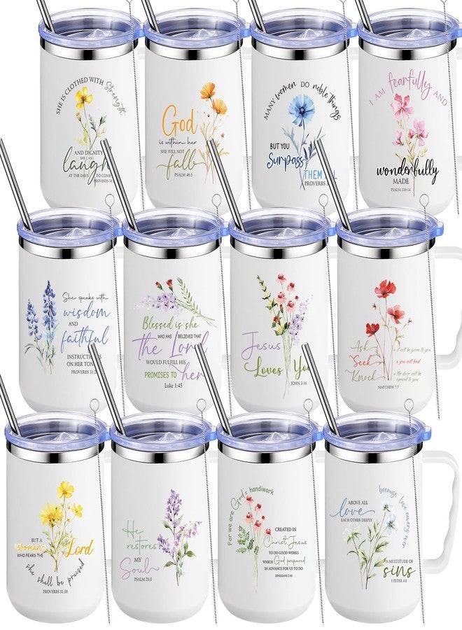 Nitial 12 Pcs 17 oz Christian Coffee Mugs with Lid and Straw Religious Bible Verse Christian Gifts Insulated Inspirational Bible Affirmations Tumbler for Women Friend Men (White,Flower) - Image 1