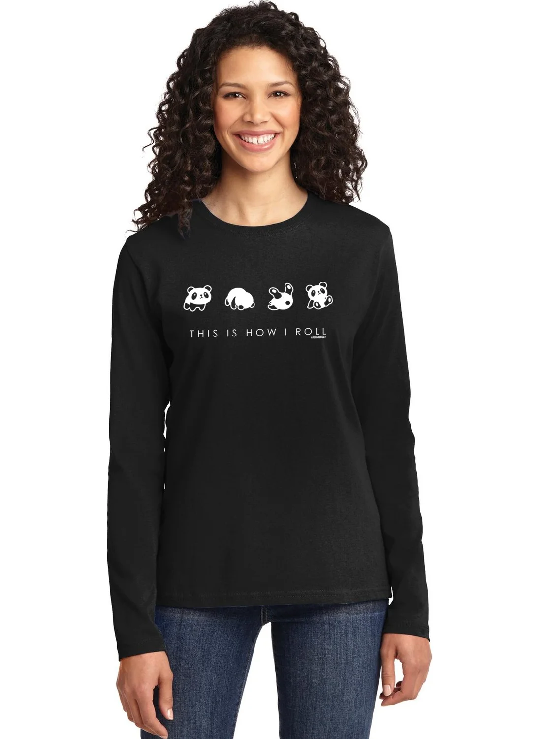 Rock&Roll Panda Tumble Crew Neck Black Long Sleeve Combed Cotton Women's T-Shirt