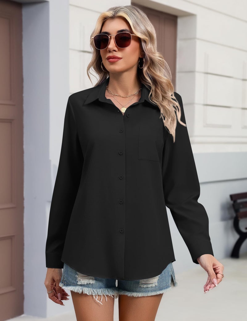 HOTOUCH Button Down Shirt for Women Dressy Casual Long Sleeve Blouses Black Summer Tops Collared Work Office Outfits XXL - Image 5