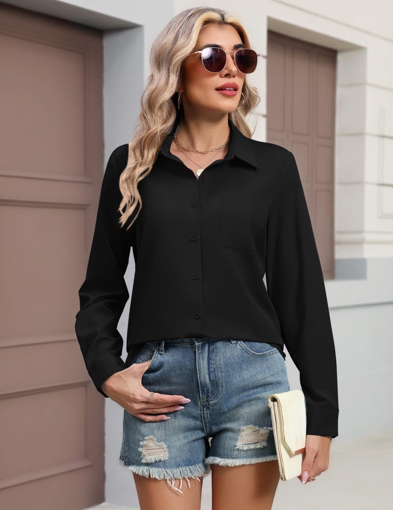 HOTOUCH Button Down Shirt for Women Dressy Casual Long Sleeve Blouses Black Summer Tops Collared Work Office Outfits XXL - Image 4