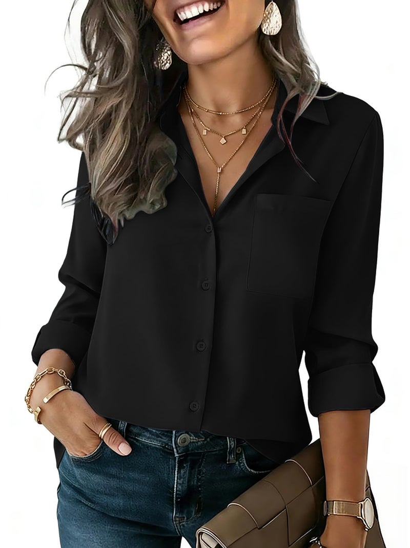 HOTOUCH Button Down Shirt for Women Dressy Casual Long Sleeve Blouses Black Summer Tops Collared Work Office Outfits XXL - Image 1