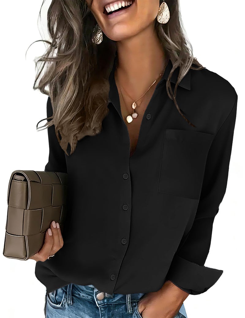 HOTOUCH Button Down Shirt for Women Dressy Casual Long Sleeve Blouses Black Summer Tops Collared Work Office Outfits XXL - Image 2