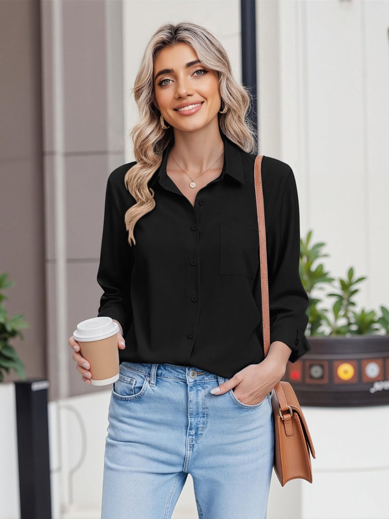HOTOUCH Button Down Shirt for Women Dressy Casual Long Sleeve Blouses Black Summer Tops Collared Work Office Outfits XXL - Image 3