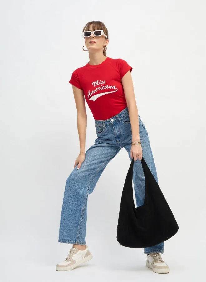 ساسافراس Red Graphic Printed Crop T-Shirt for Women