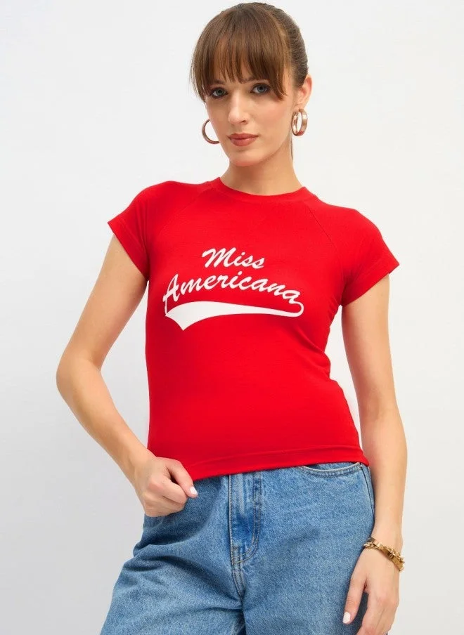 SASSAFRAS Red Graphic Printed Crop T-Shirt for Women