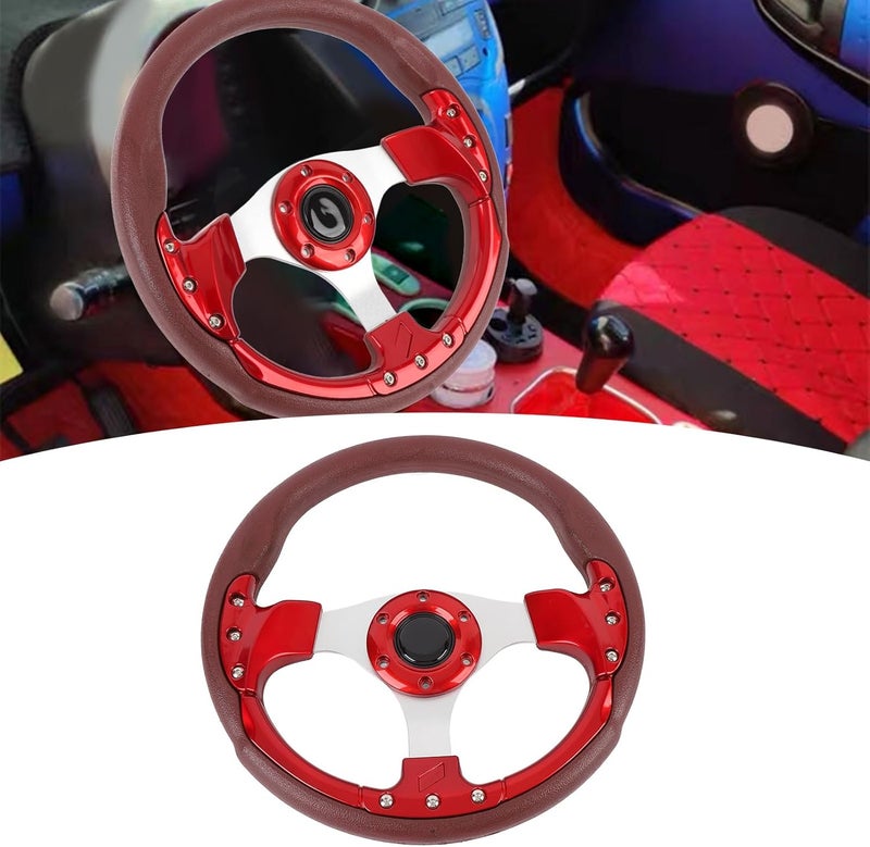 13in Universal Racing Steering Wheel, PU Leather Sport Style Steering Wheel with 6 Hole Hub Adapter for Vehicle Modification, Shockproof Aluminum Frame and Comfort Grip (Red) - Image 3