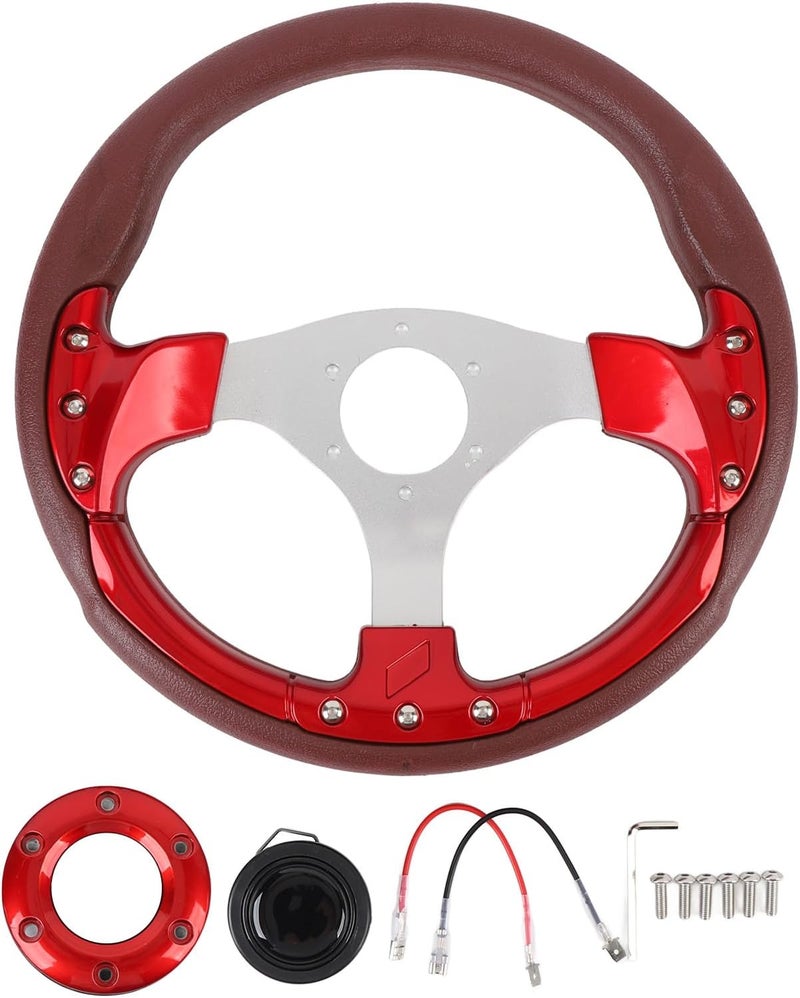 13in Universal Racing Steering Wheel, PU Leather Sport Style Steering Wheel with 6 Hole Hub Adapter for Vehicle Modification, Shockproof Aluminum Frame and Comfort Grip (Red) - Image 1