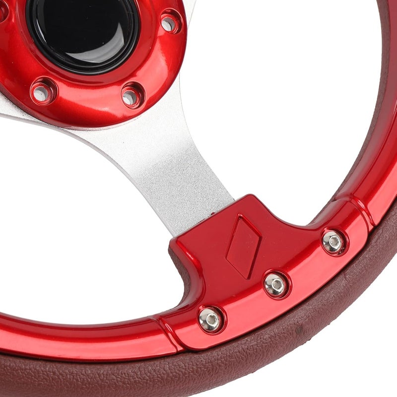 13in Universal Racing Steering Wheel, PU Leather Sport Style Steering Wheel with 6 Hole Hub Adapter for Vehicle Modification, Shockproof Aluminum Frame and Comfort Grip (Red) - Image 2