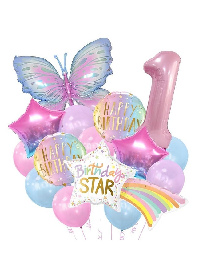 Peachjoy Rainbow Star Birthday Balloon Set, 32" Foil Number Balloons, Butterfly and Star Decorations for Girls’ 1st to 9th Birthday, Baby Shower, and Party Supplies - Image 1