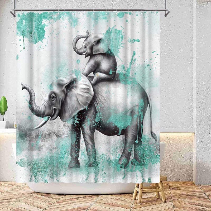 FuShvre Elephant Shower Curtains for Bathroom Wild Animal Bathtub Curtain Fabric Bathroom Decor Set Hooks Included 72"x 72" Teal and Gray - Image 1