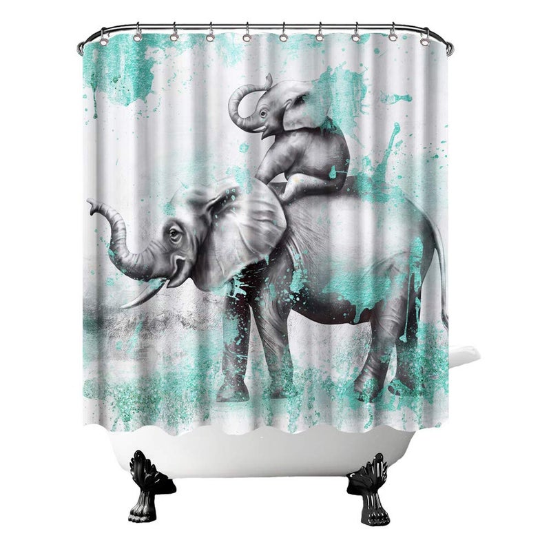 FuShvre Elephant Shower Curtains for Bathroom Wild Animal Bathtub Curtain Fabric Bathroom Decor Set Hooks Included 72"x 72" Teal and Gray - Image 5