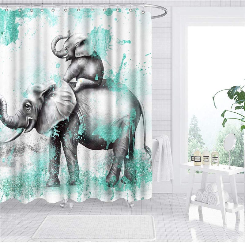 FuShvre Elephant Shower Curtains for Bathroom Wild Animal Bathtub Curtain Fabric Bathroom Decor Set Hooks Included 72"x 72" Teal and Gray - Image 4