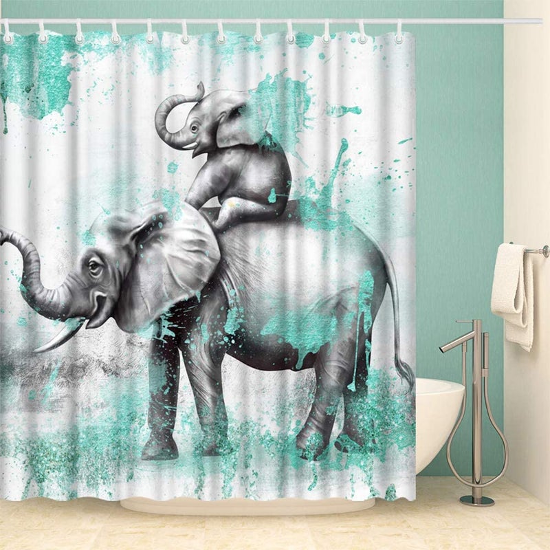 FuShvre Elephant Shower Curtains for Bathroom Wild Animal Bathtub Curtain Fabric Bathroom Decor Set Hooks Included 72"x 72" Teal and Gray - Image 3
