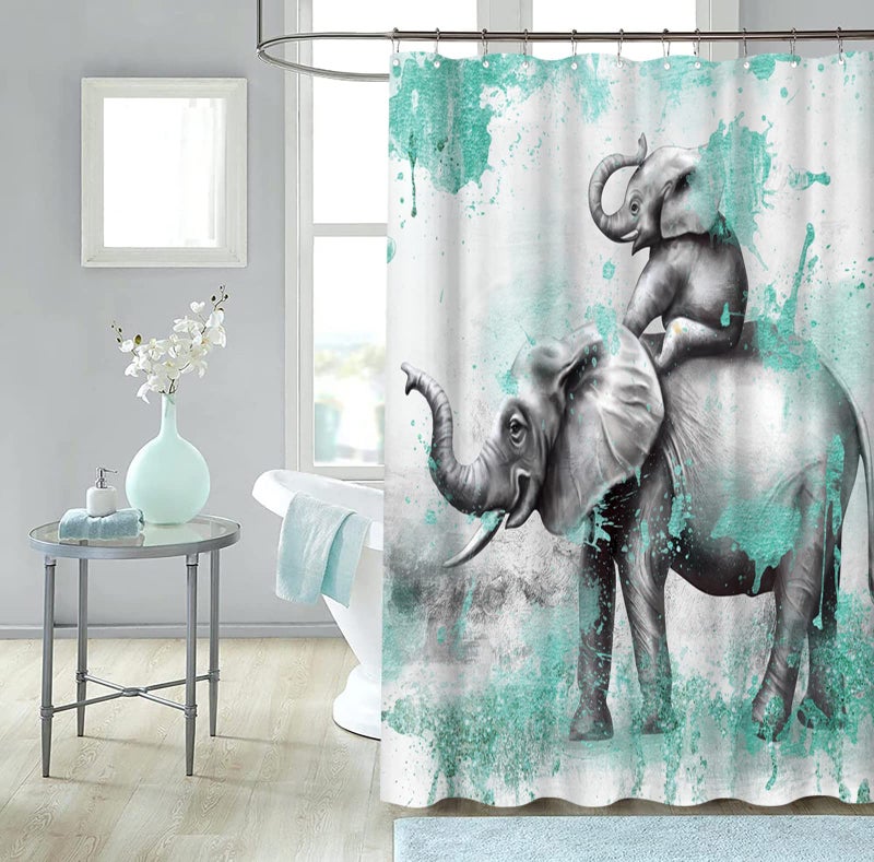 FuShvre Elephant Shower Curtains for Bathroom Wild Animal Bathtub Curtain Fabric Bathroom Decor Set Hooks Included 72"x 72" Teal and Gray - Image 2