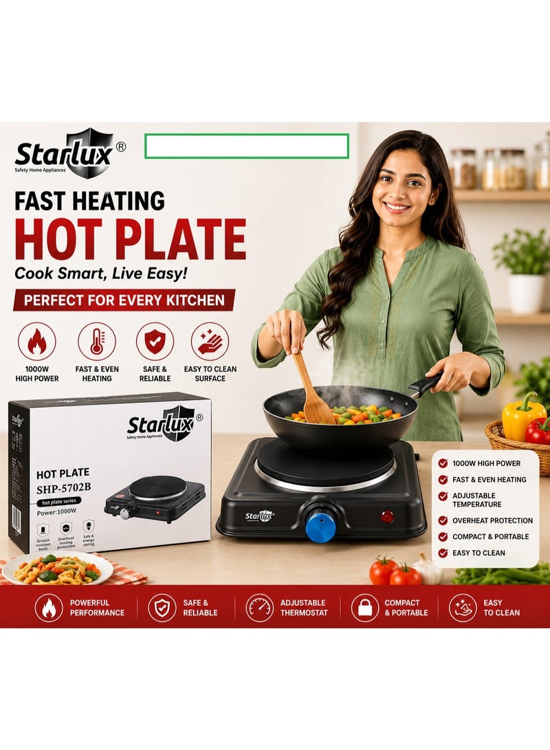 STARLUX Powerful 1000W hot plate designed for everyday cooking. Its adjustable temperature control, compact design, and easy-to-clean surface make it the perfect choice for homes, offices, hostels, camping, and small kitchens. Enjoy reliable performance with overheat protection for safe and convenient cooking. - Image 1