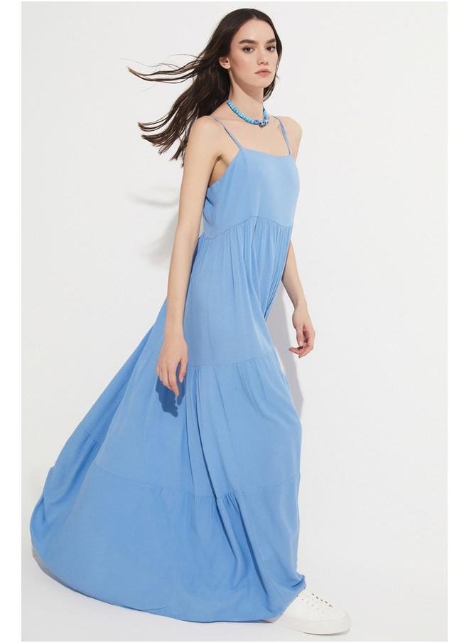 JUNE - June Women 100% Viscose Flounce Thin Strap Maxi Woven Dress Blue - Image 1
