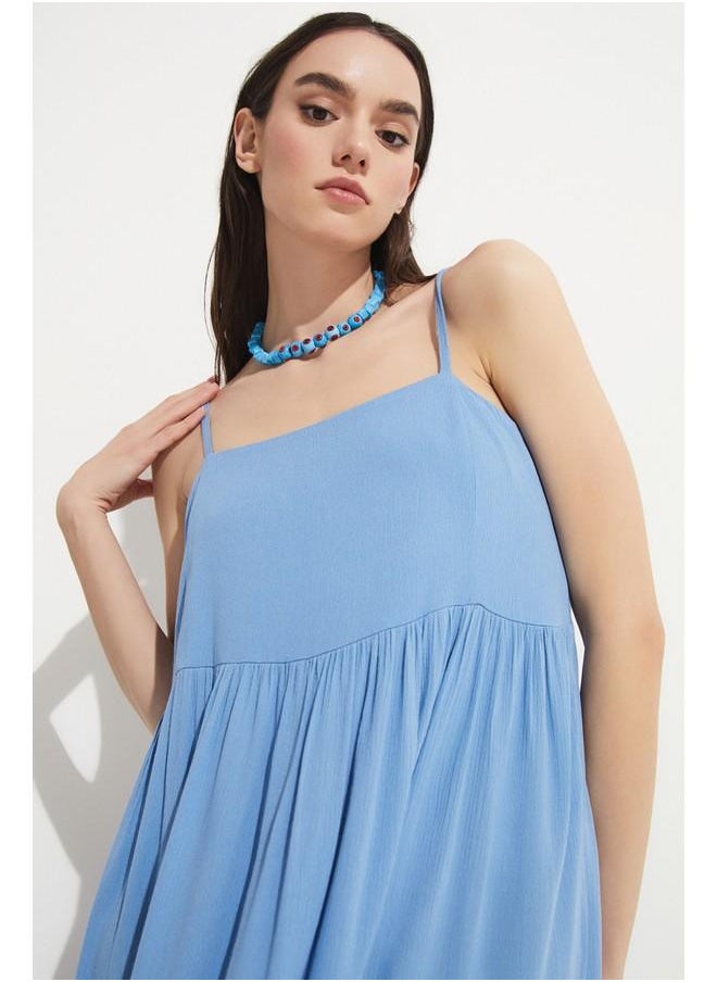 JUNE - June Women 100% Viscose Flounce Thin Strap Maxi Woven Dress Blue - Image 1