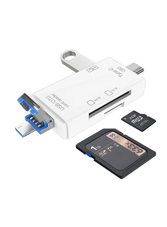 6-in-1 USB OTG Multi-Port Card Reader – Supports SD and Micro SD with USB, Type-C, and Micro USB for High-Speed ​​Data Transfer – White - Image 1
