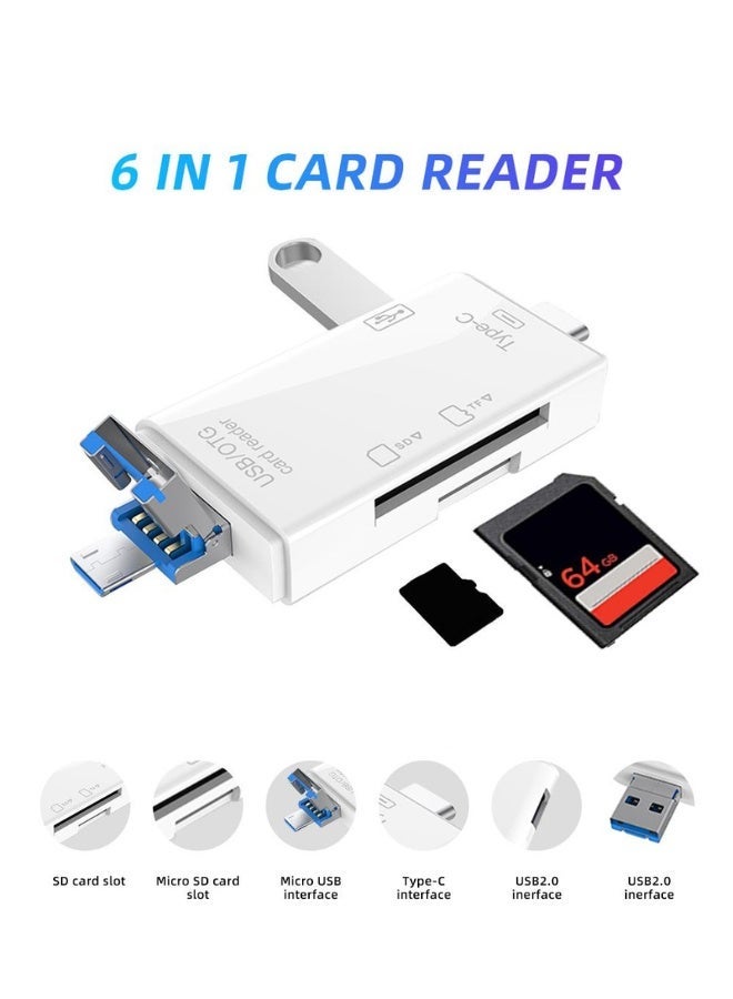 6-in-1 USB OTG Multi-Port Card Reader – Supports SD and Micro SD with USB, Type-C, and Micro USB for High-Speed ​​Data Transfer – White - Image 2