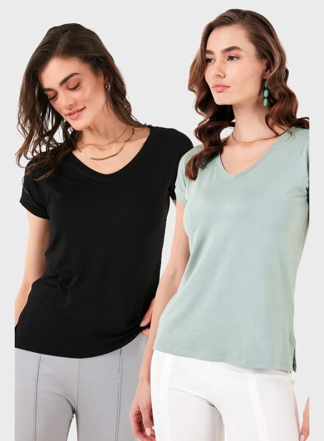 Lela Lela V-Neck Relaxed Fit Blouse with Slit Detail, 2-Pack, Women's Blouse 5862000S2