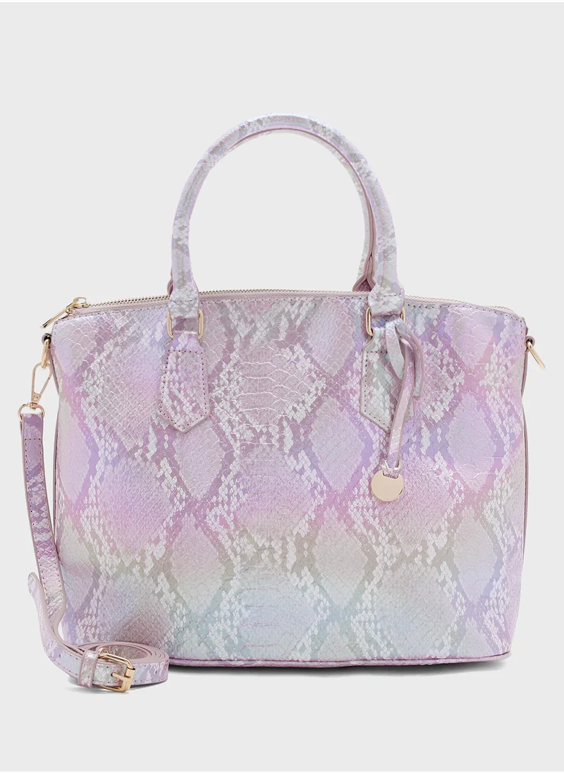 ايلا Metallic Snake Print Satchel Bag With Long Strap