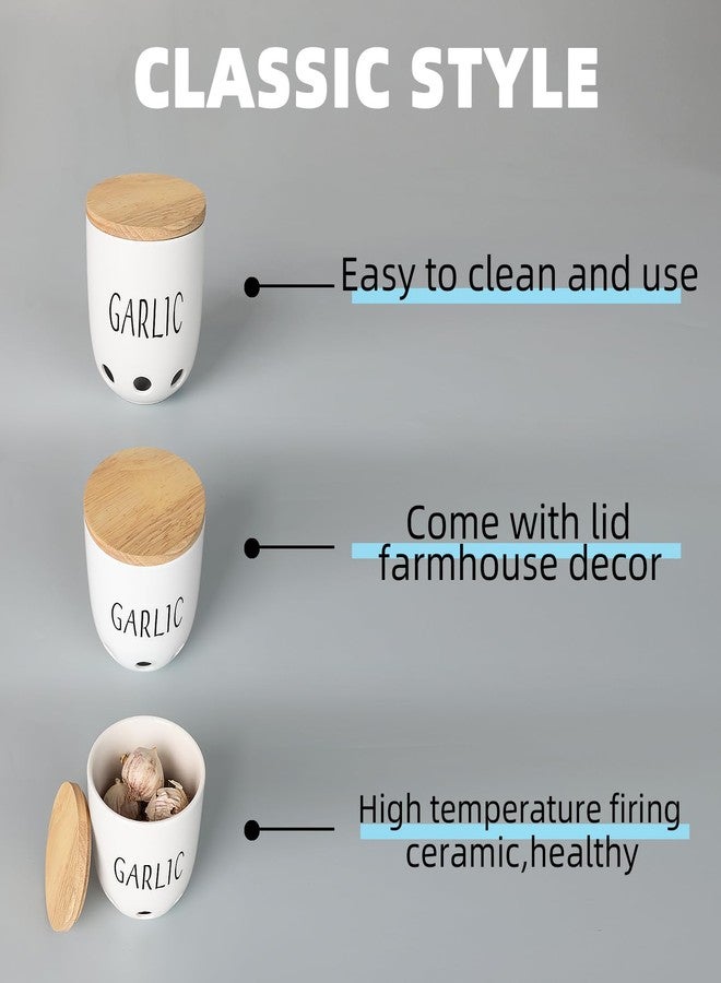 هاو توب حافظة ثوم سيراميكية من هاوتوب، حافظة ثوم بغطاء خشبي، حافظة ثوم للمطبخ، حامل ثوم للحفاظ على فصوص الثوم طازجة لفترة أطول (أبيض) - Image 4