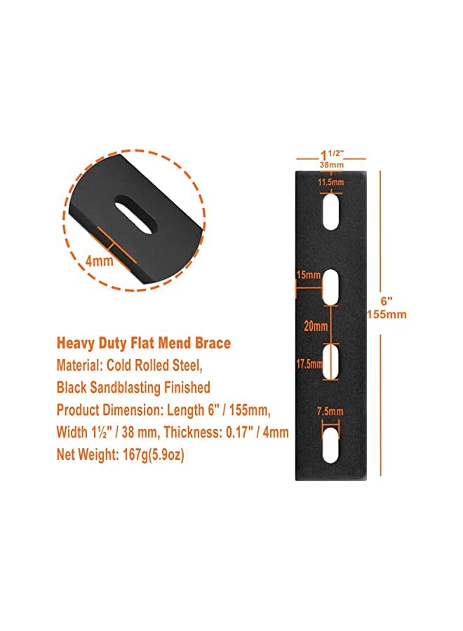 promass Straight Metal Braces, 10-Pack Black Flat Mending Plate, 6 Inches Heavy Duty Fixing Corner Brace for Farmhouse Outdoor Woodworking, Length 6 Inches, Width 1½ Inches, Thickness 4mm, Black - Image 2