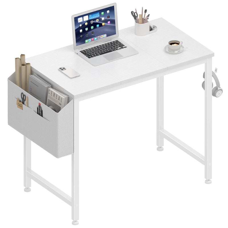 Lufeiya Small White Desk for Small Spaces, 32 Inch Kids Girls Study Writing Desks for Bedroom, Simple Modern Laptop PC Little Side Table with Storage Bag Headphone Hook, White - Image 1