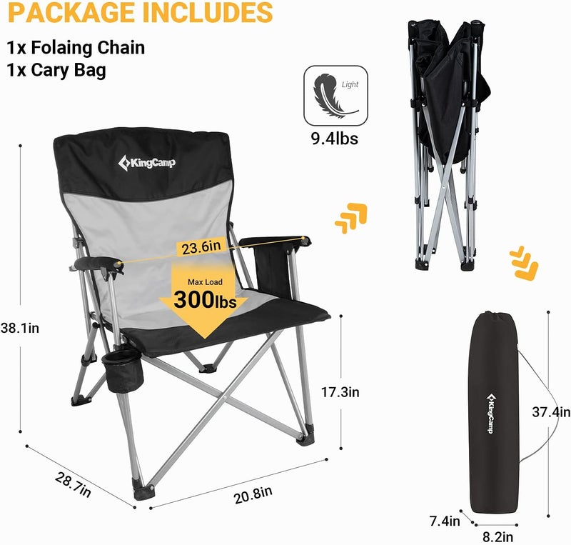 KingCamp Camping Folding Chair Outdoor Lawn Portable Chairs for Outside Lightweight Padded Backrest and Seat Camp Chair for Heavy Duty Adults with Cup Holder Supports 300 lbs(Black/MediumGrey) - Image 2