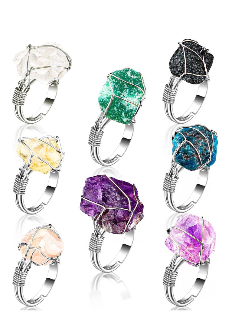 Colorful Chakra Crystal Rings Set, 8PCS Adjustable Gemstone Rings with Copper Wire for Healing and Style, Perfect Gift for Women and Girls - Image 1