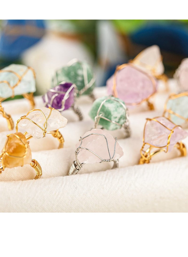 Colorful Chakra Crystal Rings Set, 8PCS Adjustable Gemstone Rings with Copper Wire for Healing and Style, Perfect Gift for Women and Girls - Image 5