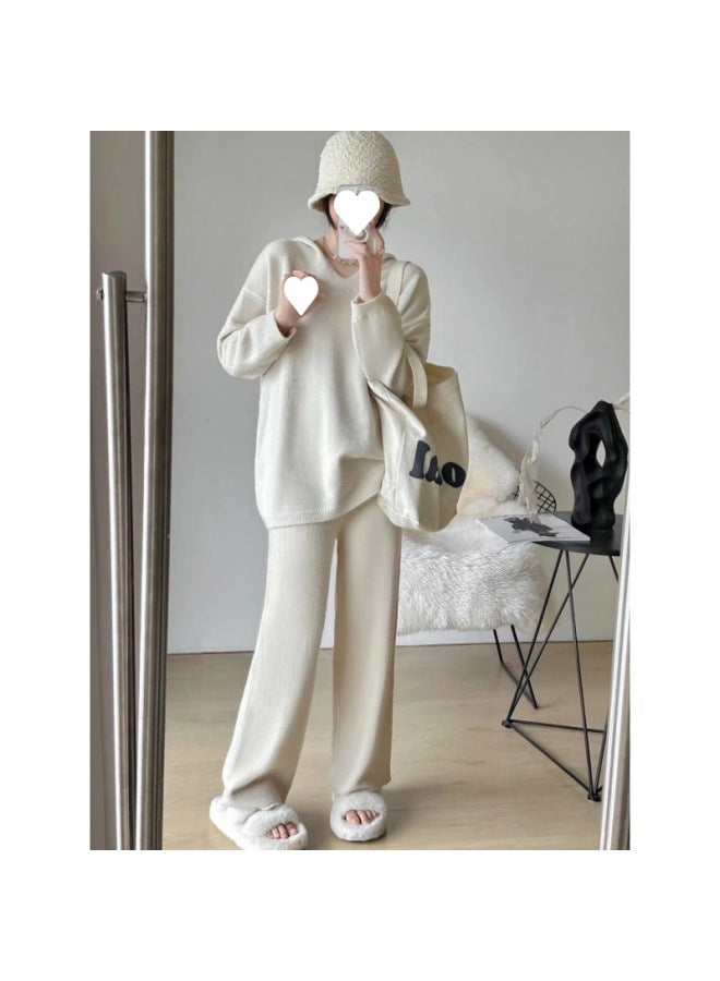 Autumn And Winter Fashion Loose Hooded Casual Suit Women's 2024 Lazy Pullover Sweater Knitted Wide Leg Pants Two-piece Fashionable Set