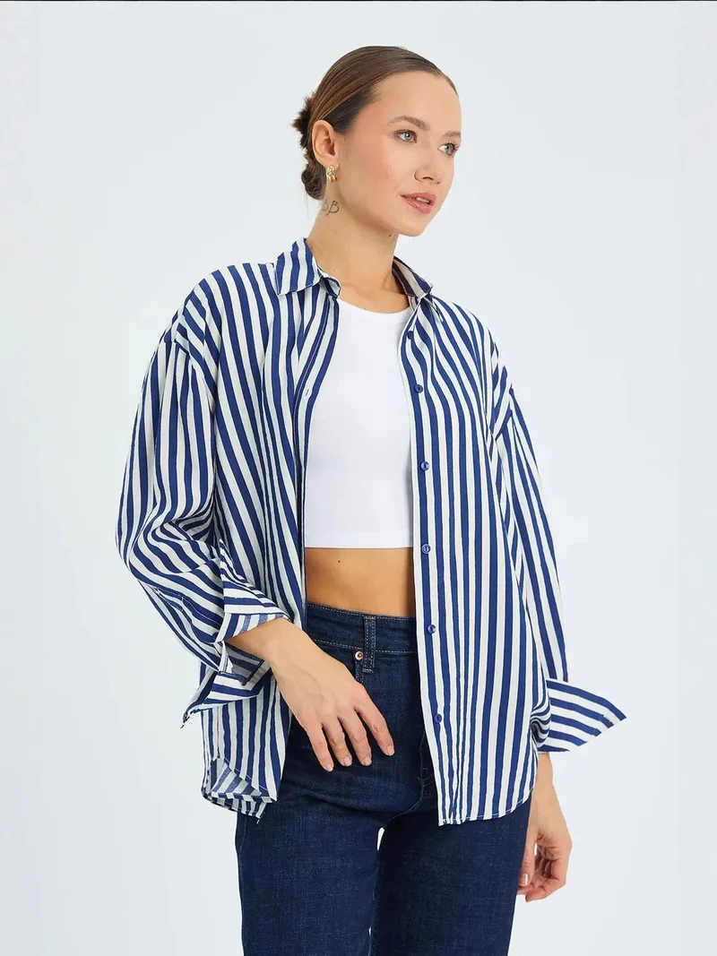 MixRay Navy Blue Mixray Striped Long Sleeve Button-Up Shirt for Women | Best Price UAE