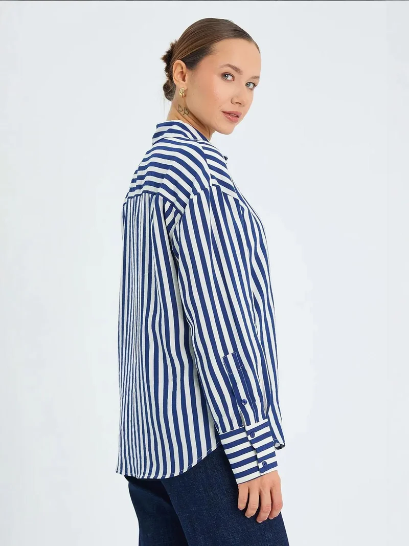 MixRay Navy Blue Mixray Striped Long Sleeve Button-Up Shirt for Women | Best Price UAE