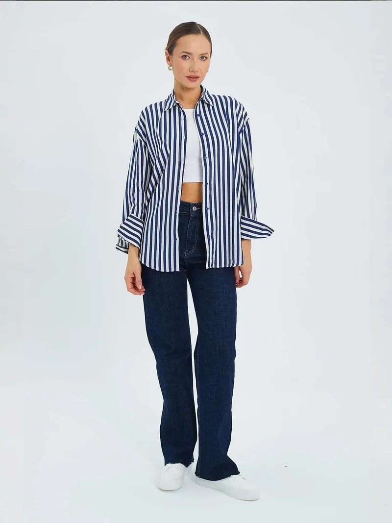 MixRay Navy Blue Mixray Striped Long Sleeve Button-Up Shirt for Women | Best Price UAE