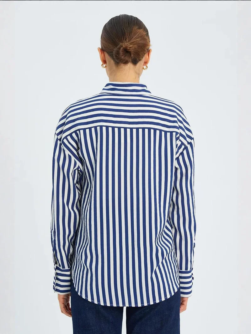 MixRay Navy Blue Mixray Striped Long Sleeve Button-Up Shirt for Women | Best Price UAE