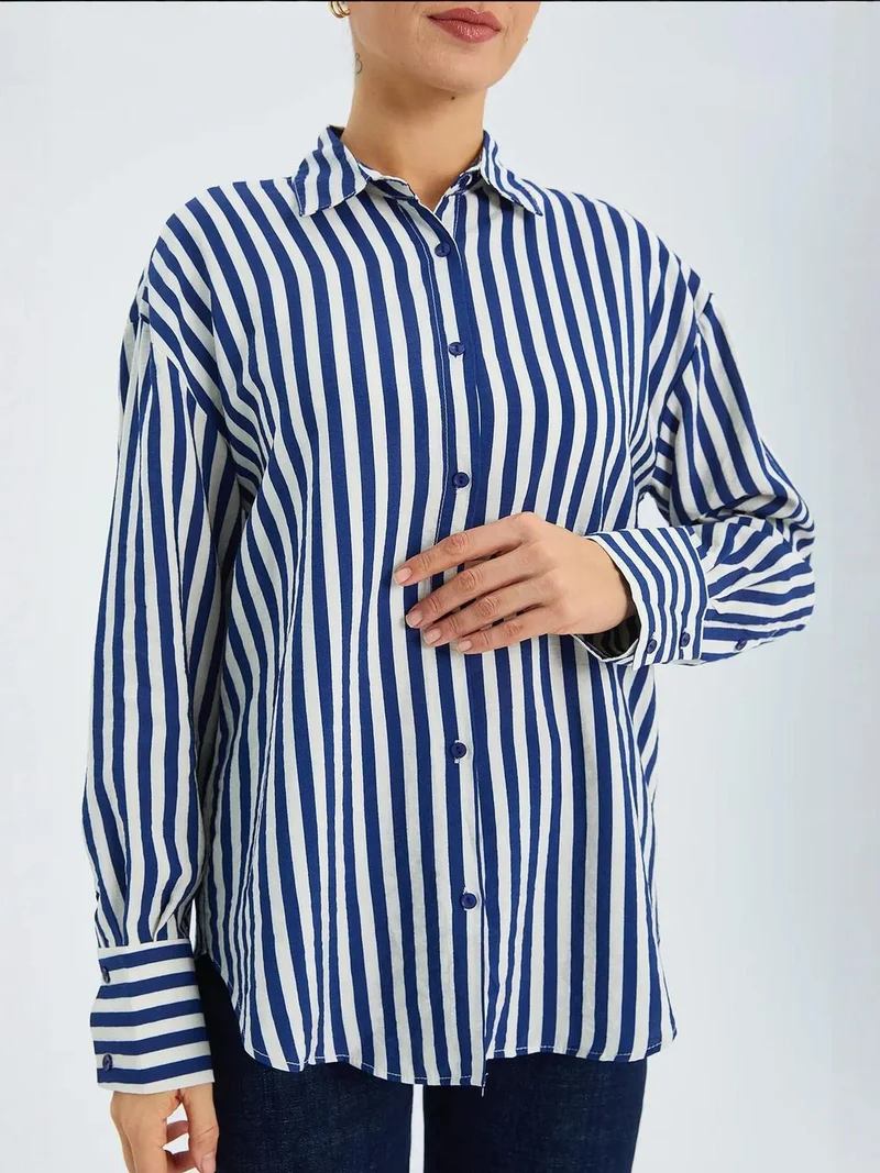 MixRay Navy Blue Mixray Striped Long Sleeve Button-Up Shirt for Women | Best Price UAE