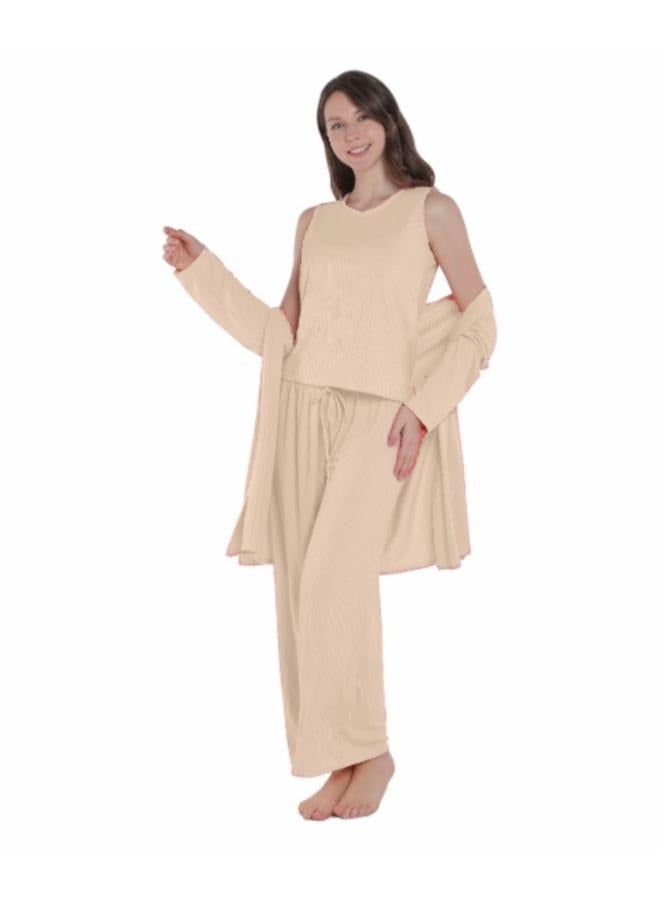 3 Piece Woman Pajamas Ribbed Cardigan Sweater Tops And Pants Loungewear Set For Women  - Image 1