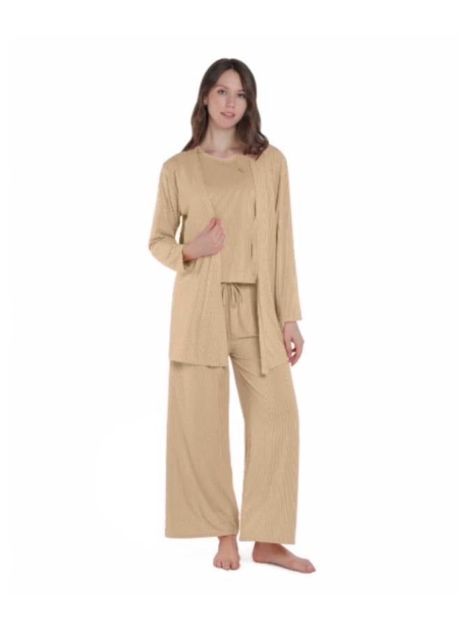 3 Piece Woman Pajamas Ribbed Cardigan Sweater Tops And Pants Loungewear Set For Women  - Image 2