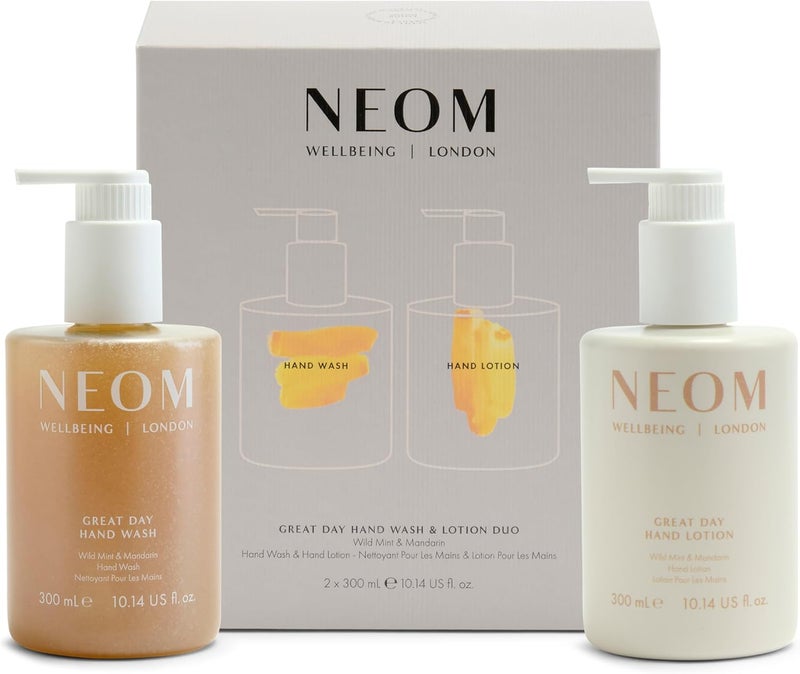 مجموعة هدايا NEOM لوشن غسول اليدين المقشر 2 × 300 مل | نعناع بري وماندرين | 100 عطور طبيعية | تنظيف وتقشير وتغذية يديك