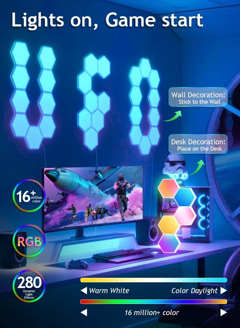 Litus Hexagons RGB Wall Light Panels - Connect with Triangle, DIY Your Own Style with Remote Control, Music Sync & Timer for Gaming Room Decor (8-Pack) - Image 2