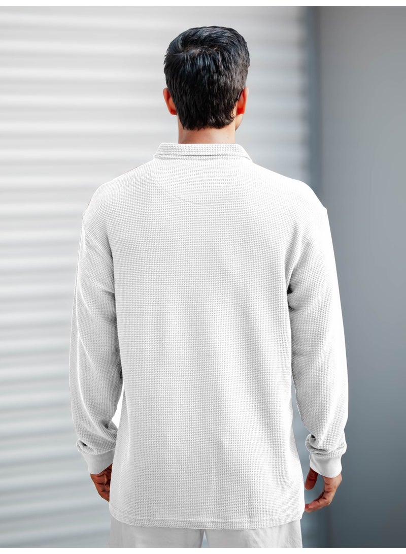 Maniac Maniac Mens Textured Polo Neck Full Sleeve Half Zipper White Cotton T-Shirt - Image 2