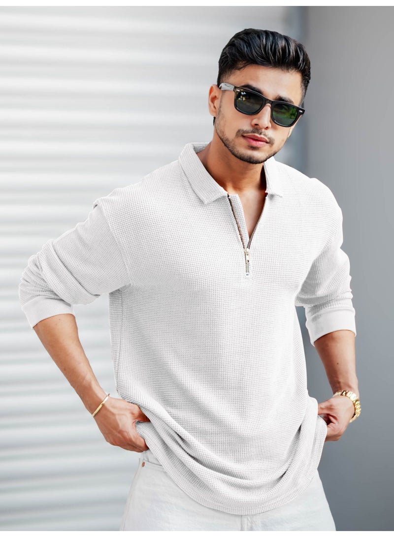 Maniac Maniac Mens Textured Polo Neck Full Sleeve Half Zipper White Cotton T-Shirt - Image 1